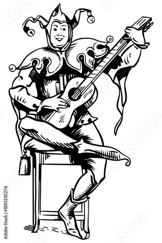Detailed black line art of a medieval court jester sitting and playing a lute. Features a classic motley costume with bells, capturing a historical and theatrical theme.
