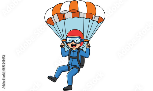 Фотография Cartoon, illustration, of, a, happy, skydiver, man, in, blue, suit, with, orange, parachute, flying, in, the, sky, extreme, sports, adventure