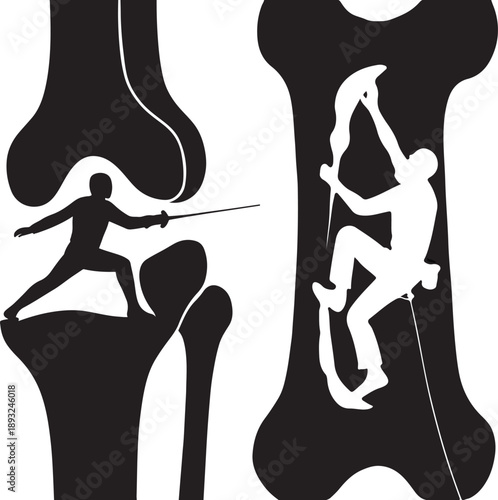 Fencer silhouette inside joint map, Climber silhouette inside bone structure