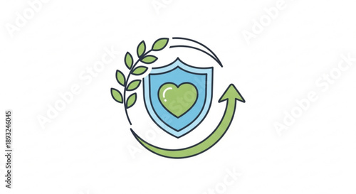 Shield with green heart and leaves symbolizing protection and care