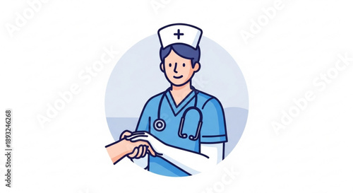 Nurse in blue scrubs shaking hands with patient in white background