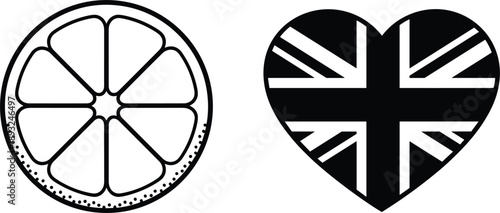 Citrus slice and United Kingdom heart icons set combining fruit food and British culture symbols design vector illustration