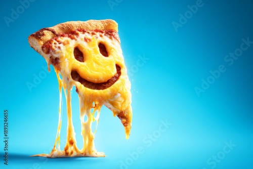 Double Smiley Face Cheese Pizza Slice with Melting Cheese Illustration on Blue Background