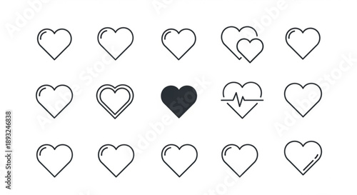 Set of black line art hearts on white background for love and care concepts