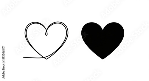 Two contrasting heart shapes in black on white background symbolizing love and emotions