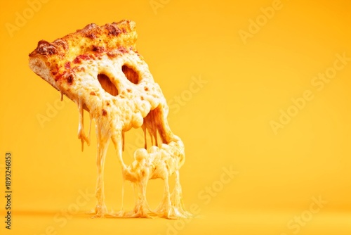 Smiley Face Cheese Pizza Slice with Melting Cheese Illustration on Yellow Background