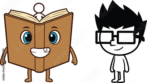 Cute book character and nerd boy illustration set representing education learning reading and smart knowledge concepts