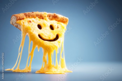 Smiley Face Cheese Pizza Slice with Melting Cheese Illustration on Light Blue Background