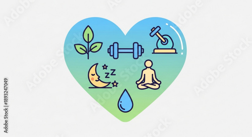 Heart shaped icon with wellness and fitness symbols on white background