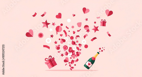 Champagne bottle with festive pink hearts stars and gifts exploding in celebration