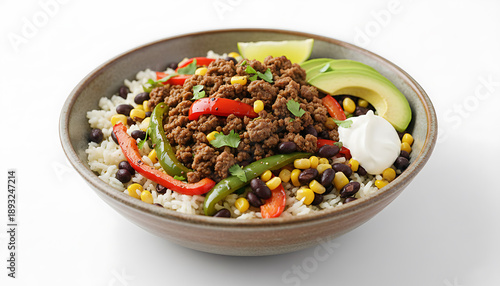 Burrito bowl with rice beef beans corn peppers avocado sour cream lime cilantro in rustic setting