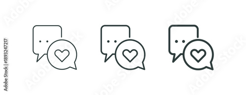 Social support and emotional communication concept thin outline icon. Minimalist line symbol chat bubbles and heart shape. Vector isolated pictogram for web and app.