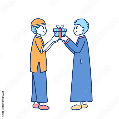 Vector of Muslim Men Sharing Gift in Ramadan Concept Illustration.