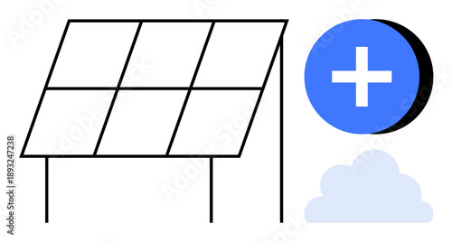 Solar energy. Solar panel illustrated alongside an energy-themed symbol and cloud renewable resources. Solar energy promoting clean electricity and sustainability. For energy, environment