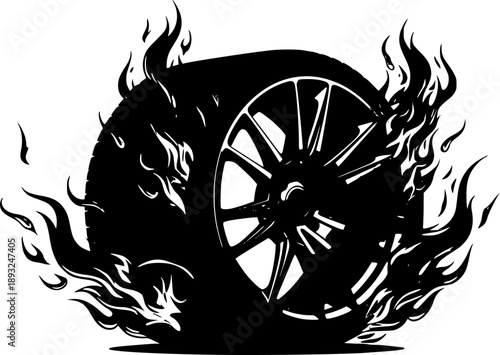 set of A vector silhouette sports Rims with tires with fire white background