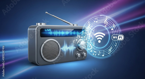 Modern wi fi radio with futuristic design and neon blue accents on dark background