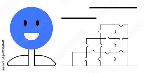 Problem solving concept. Smiling character alongside puzzle blocks solutions and organization. Problem solving improves planning and teamwork. Ideal for education, business, team building