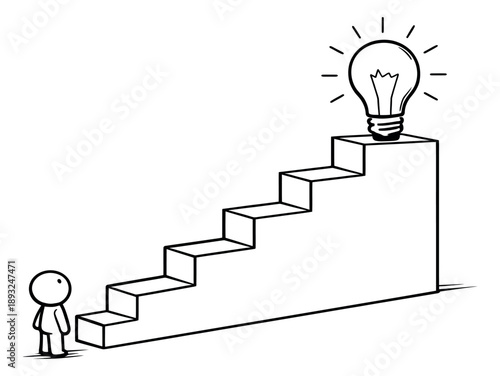 Hand drawn line art illustration of a person standing at the base of stairs depicting the pursuit of an idea for success and innovation