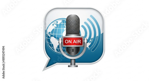 Microphone with on air sign on speech bubble background with globe