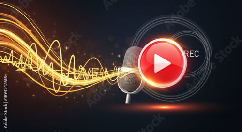 Play button icon with microphone and waveform on dark background for recording and playback