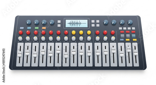 Professional audio mixer with multiple faders and buttons on a white background