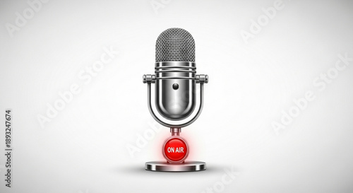 Professional silver microphone with on air sign on red button for radio broadcasting
