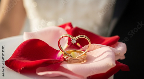 Golden wedding rings on heart shaped rose petals romantic symbol