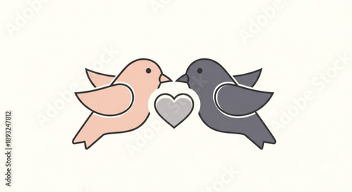 Two birds sharing a heart symbol on white background love and affection concept