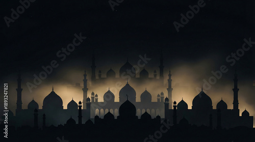 Majestic mosque silhouette at dusk with golden glow