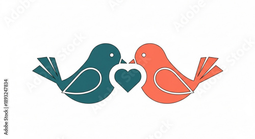 Two birds kissing with heart symbol love and affection concept