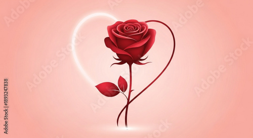 Romantic red rose with heart outline on pink background love symbol