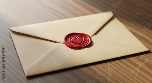 Sealed envelope with red heart wax stamp on wooden desk for love letter or romantic correspondence