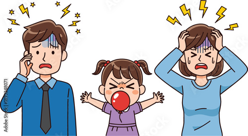 Stressed father and mother holding heads in frustration while their young daughter screams and cries during a family temper tantrum flat vector illustration