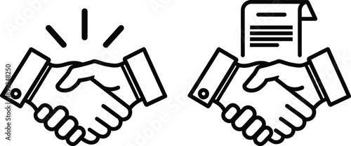 Handshake agreement and partnership deal icons with paperwork representing collaboration and business success