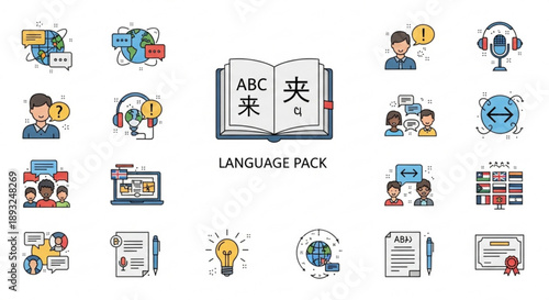 Language pack icons for translation and communication tools