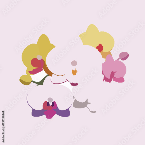 Stylized colorful 3D orchid flower set isolated on white background