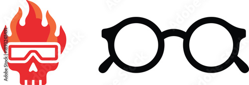 Skull with fire and glasses icons set for danger style vision and edgy graphic design concepts