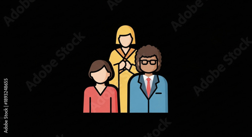 Three diverse people standing together in a flat design style on black background