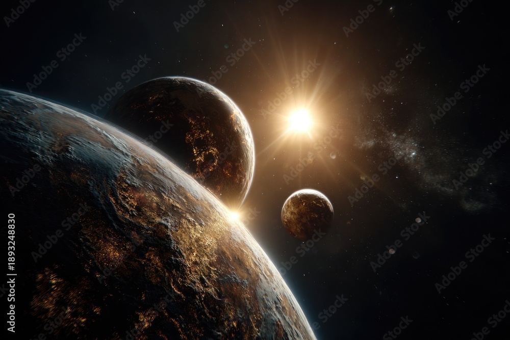 Fototapeta premium Three planets appear aligned in close proximity, with soft sunlight illuminating their surfaces from a distant star