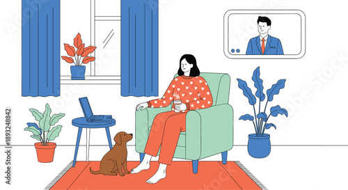 Cozy woman sitting in armchair at home working remotely on laptop with pet dog and video call on screen in flat vector style