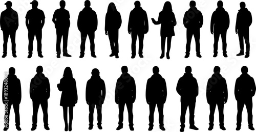 Vector silhouettes man and women, illustration. Silhouettes of people posing in warm winter clothes. Transparent EPS version.
