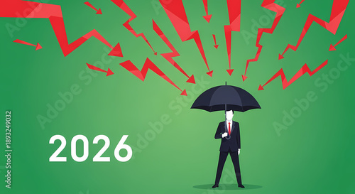 A businessman holds an umbrella to shield himself from red downward arrows, symbolizing protection against future risks and challenges in the year 2026.