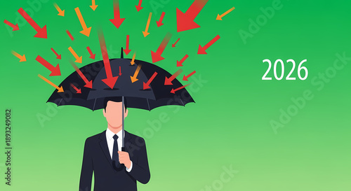 Businessman holding an umbrella to shield himself from falling red and orange arrows, symbolizing protection against risks or challenges in the year 2026.