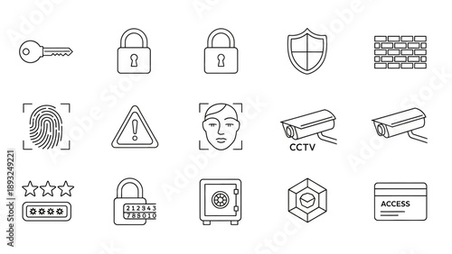 Collection of linear security and protection icons for digital safety and access control.