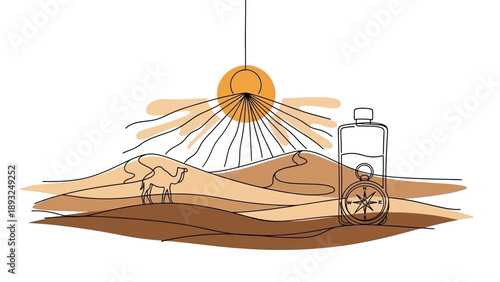 Desert exploration journey with camel, sun, water, and compass in continuous line art.