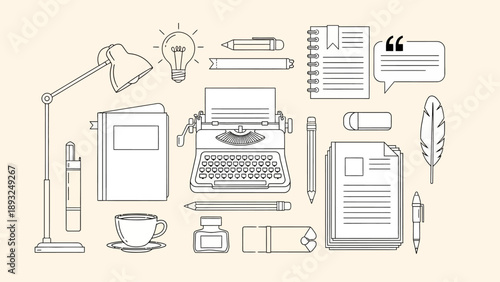 Creative writing tools and supplies on a light background.