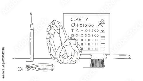 Gemstone clarity evaluation with tools and crystal on a white background.