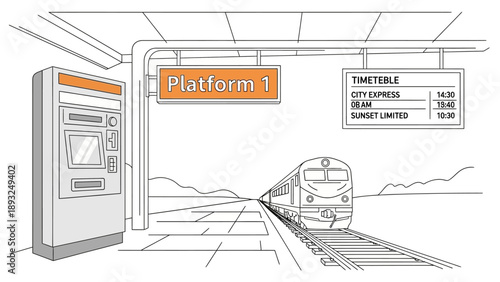 Train station platform with timetable and approaching train.
