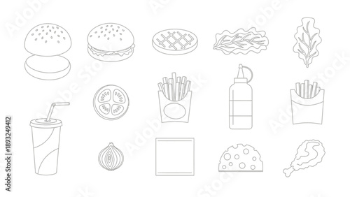 Fast food icons: burger, fries, drink, tomato, cheese, onion, lettuce