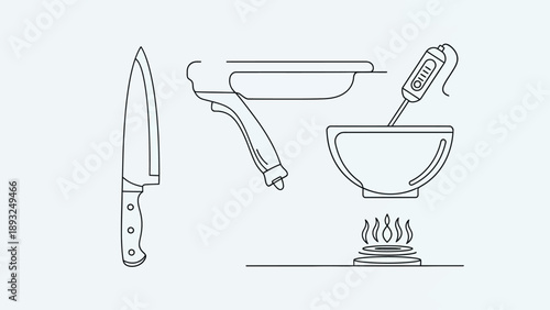 Line art illustration of essential cooking and kitchen tools.